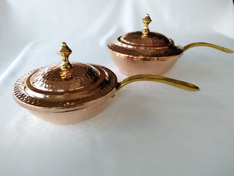 TRADITIONAL COPPER SERVING DISH WITH LIDS AND LONG BRASS HANDLES