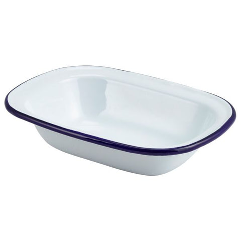 Enamel Rect. Pie Dish White & Blue 18cm