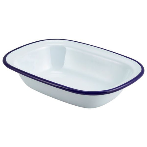 Enamel Rect. Pie Dish White & Blue 20cm