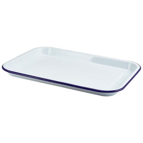 Enamel Serving Tray White with Blue Rim 33.5x23.5x2.2cm