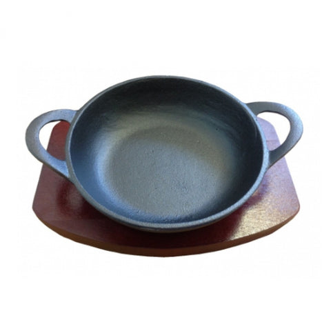 CAST IRON BALTI DISH WITH WOOD BASE