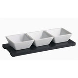 RELISH. BLACK WOOD DIP TRAY & DISHES