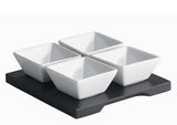 RELISH. BLACK WOOD DIP TRAY & DISHES