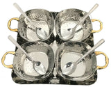 S/S Square Chutney Tray Thali With Gold Handle 4 Pot Relish Pickle Set Serving Tray