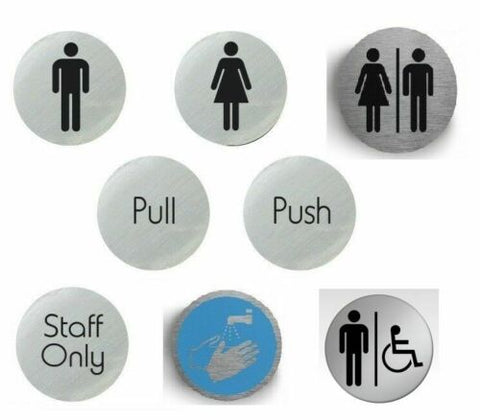 Push Pull Staff Only Ladies Gents Satin Silver Sign Round Self Adhesive Signs